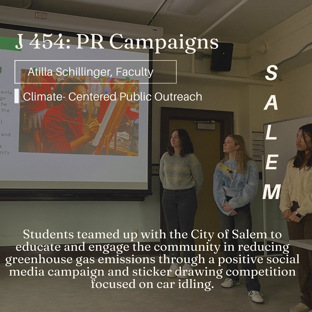 Three students present slideshow to class