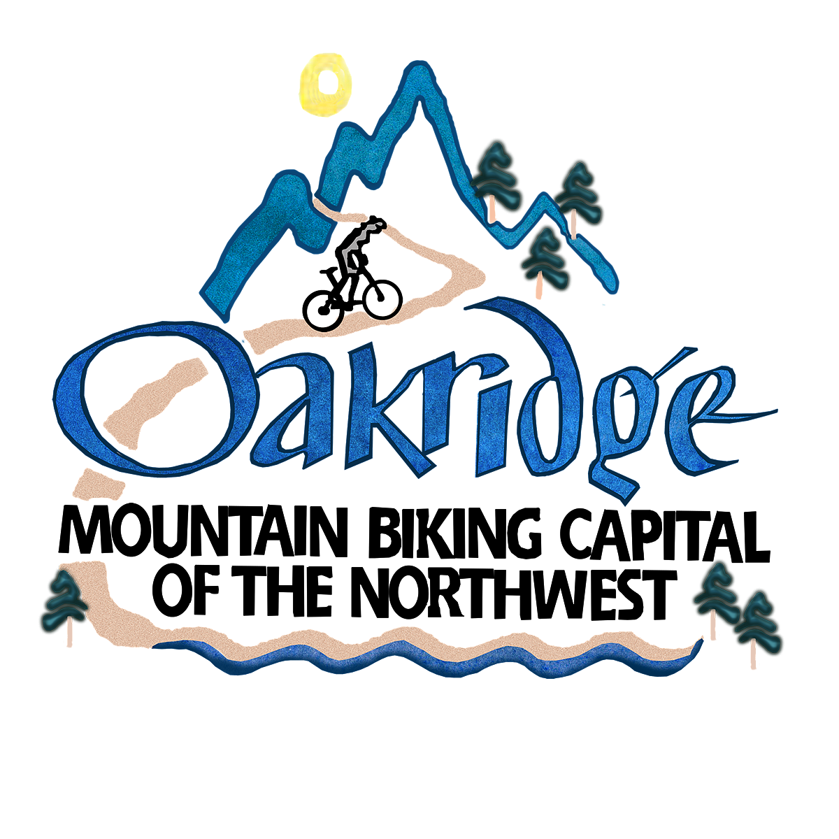City of Oakridge logo in blue with imagery of mountains and person on bike