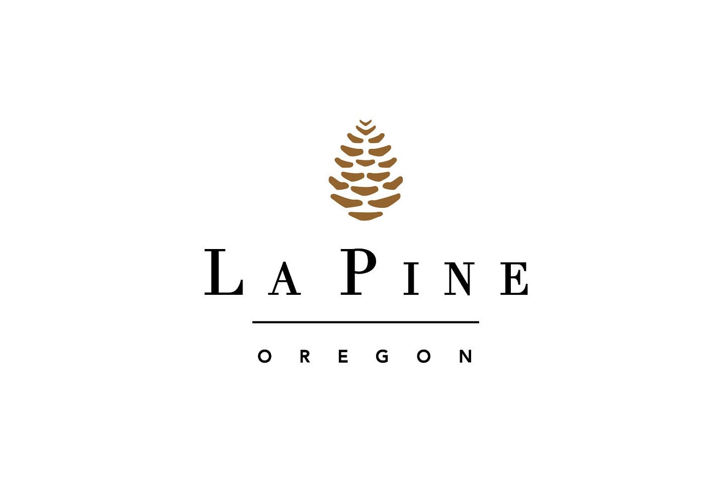 La Pine logo in brown and black with a pinecone