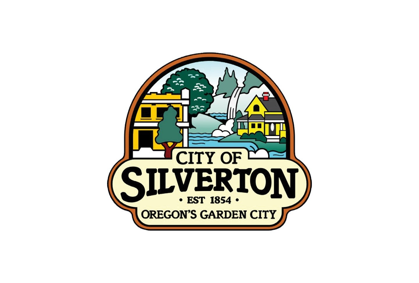 Silverton logo with houses and a waterfall