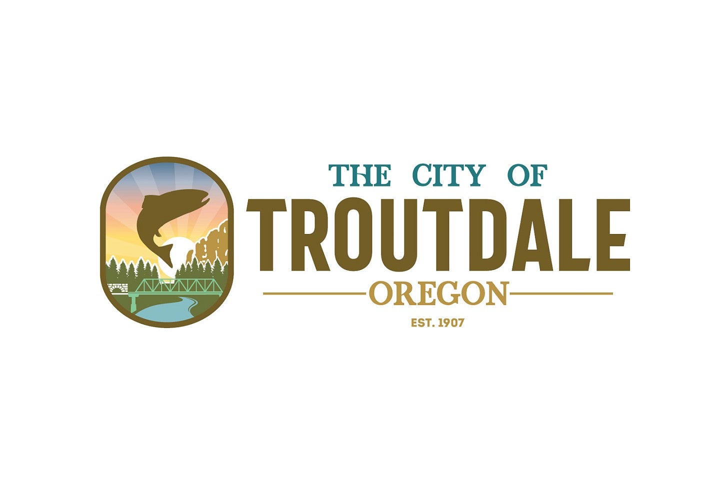 Troutdale logo with a bridge and a fish