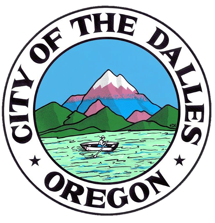 The Dalles logo with mountains and canoe imagery