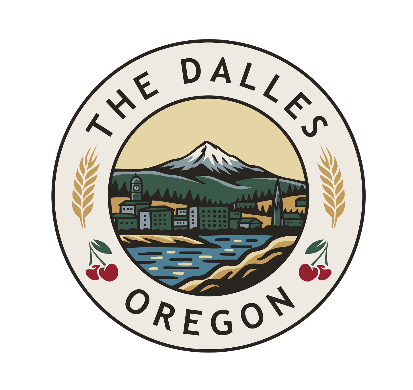 The Dalles logo in emblem shape with imagery of the city, mountains, wheat, and cherries