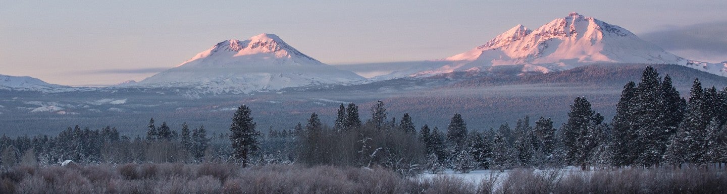 Landscape photo of snowy mountains and trees