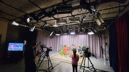 Student Daniel Teitelbaum (right) and Professor Andrew DeVigal (left) interviewed by Capital Community Media (not shown Courtney Knox Busch, City of Salem)