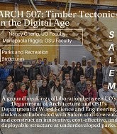 A group of students and faculty smile and pose under artistic wooden architectural structure